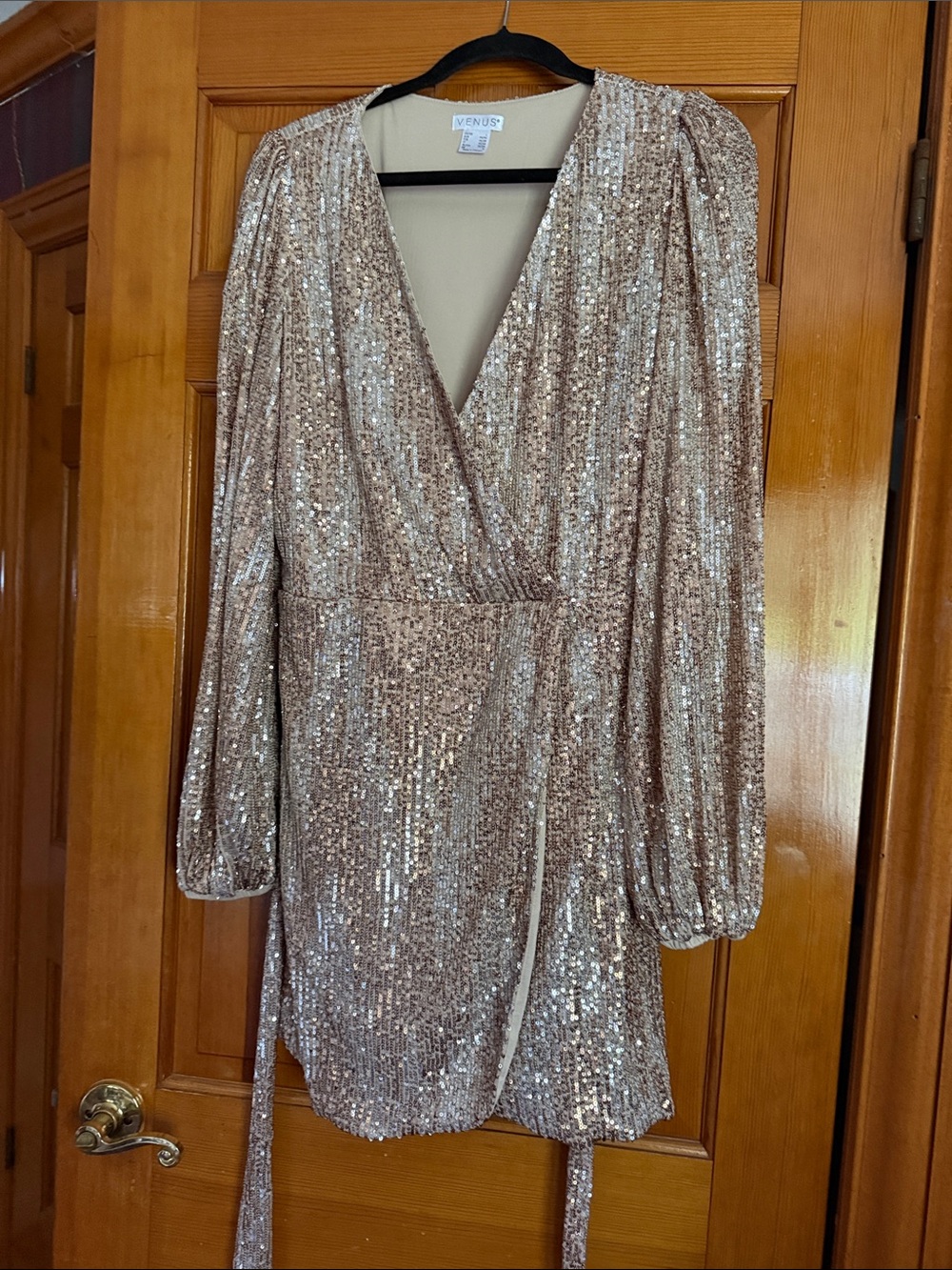 VENUS Champagne Sequin Wrap Mini Dress